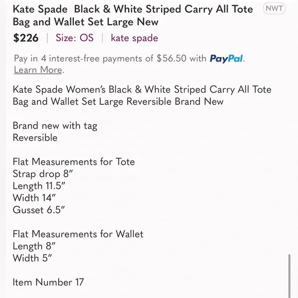 Kate Spade Black and White Stripes Reversible Tote Bag with Wallet Brand New - Picture 9 of 9
